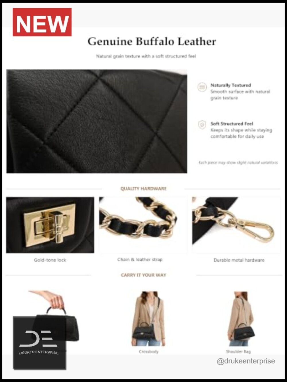 Quilted Leather Crossbody Bag with Detachable Chain Strap, Top Handle Flap Purse - Picture 6 of 7